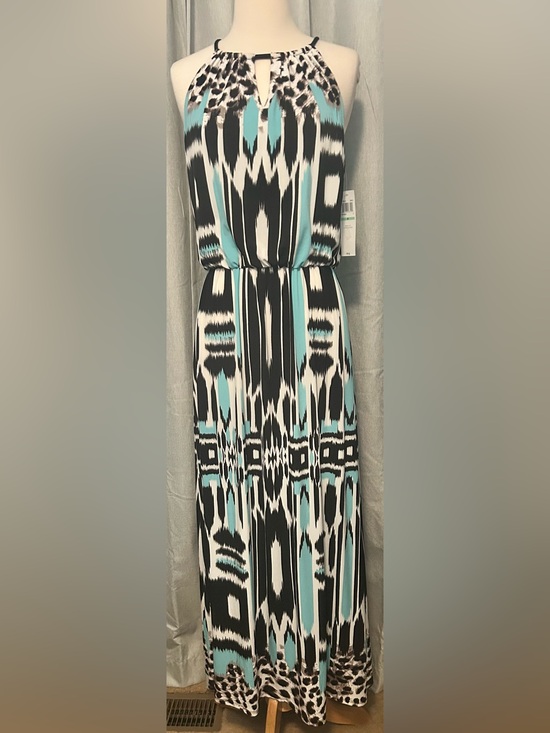 London style collection Dresses & Skirts - London Style Collection Aqua Black, White & Aqua Printed Halter Maxi Dress